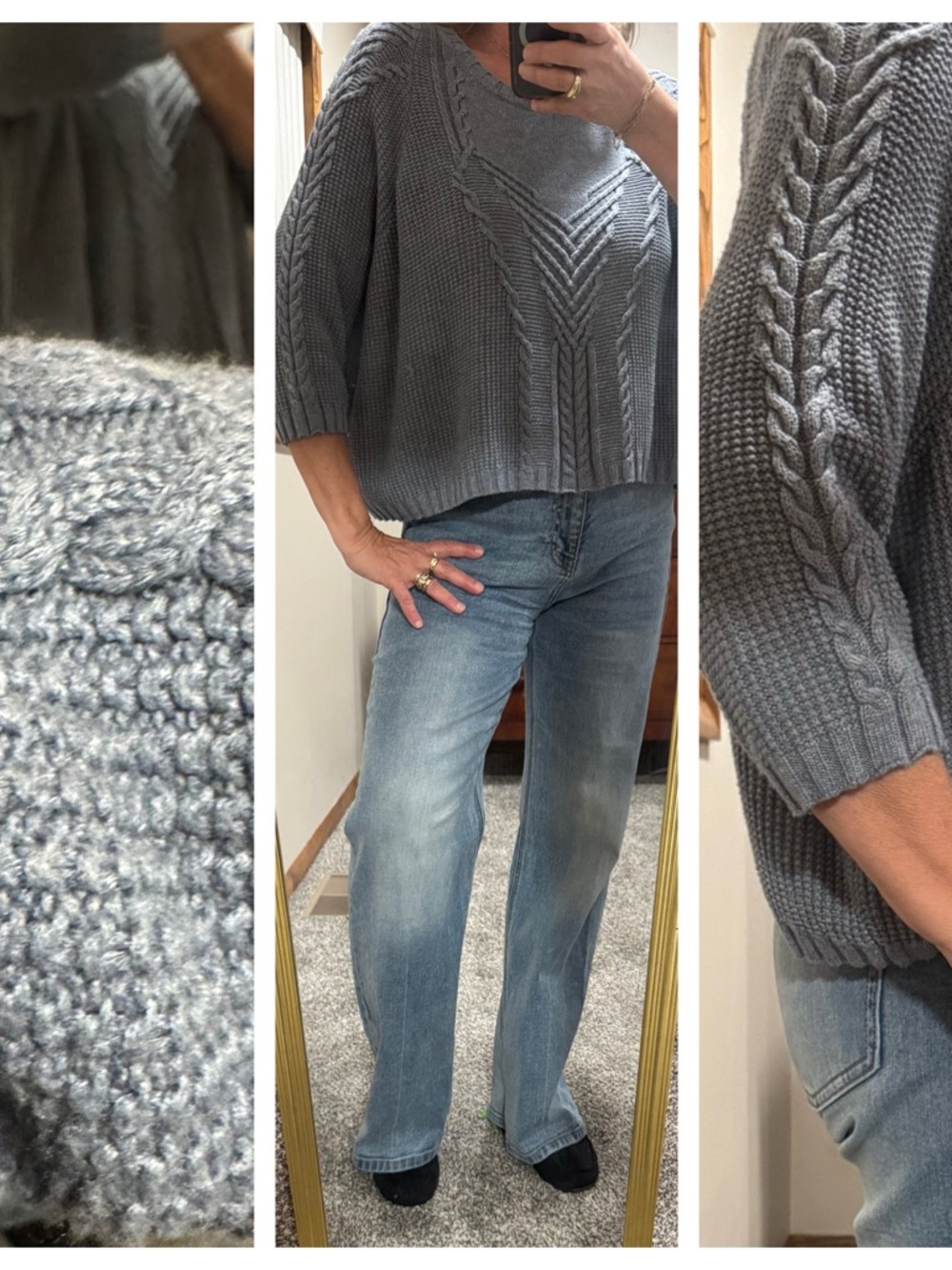 CAbi Powder Blue Cropped Cable-Knit Scoop-Neck Sweater